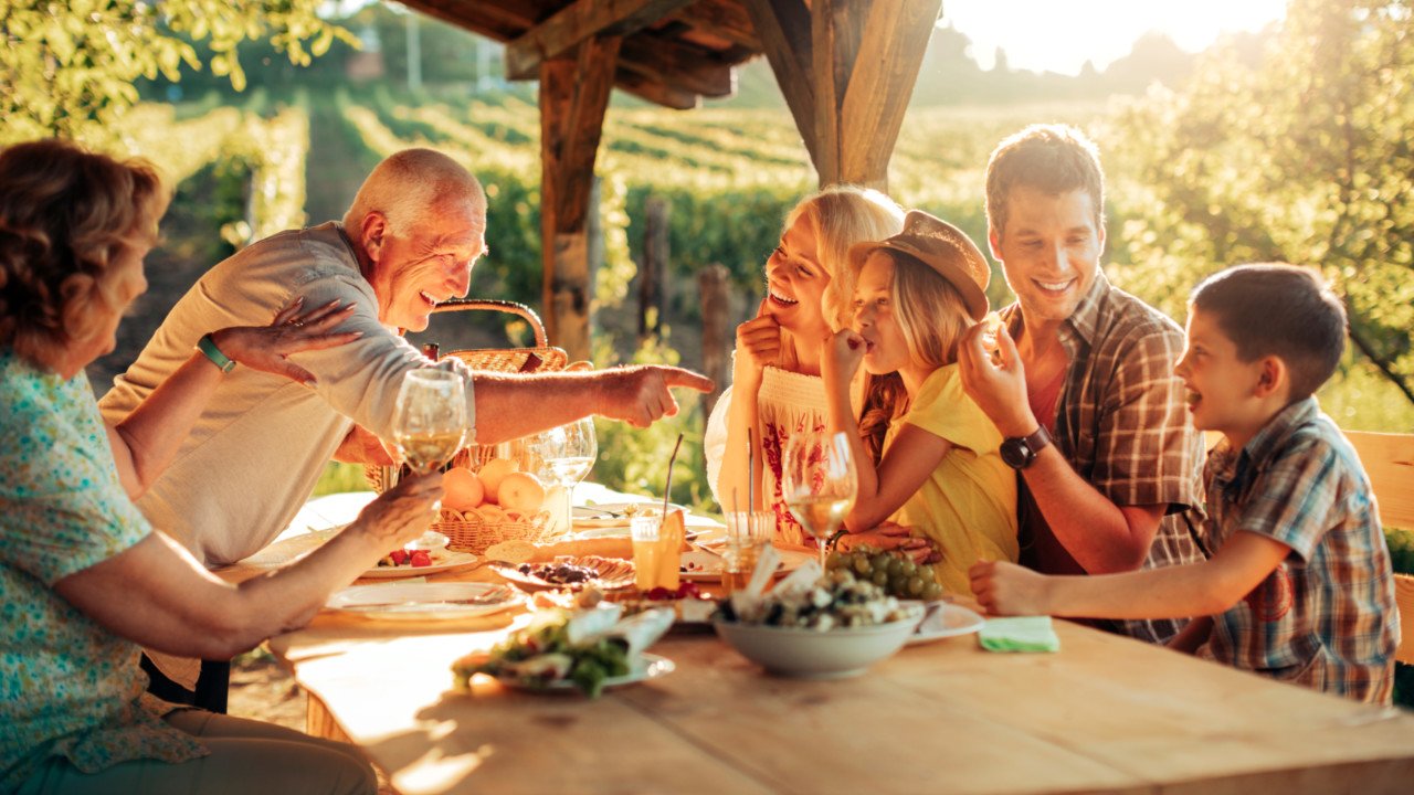 Portait of a big family having a picnic at a vineyard